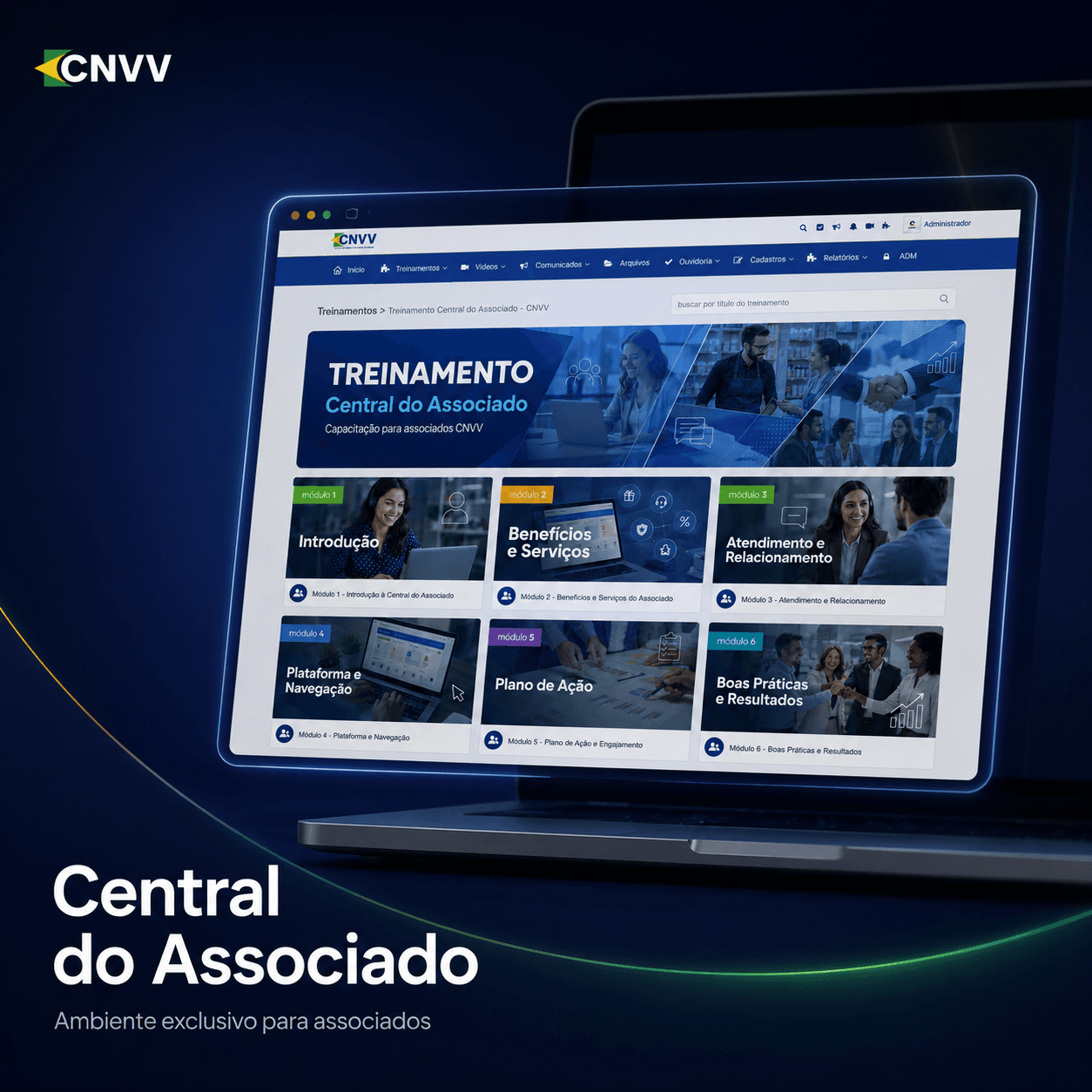 Tela de treinamentos da Central do Associado CNVV em ambiente digital.