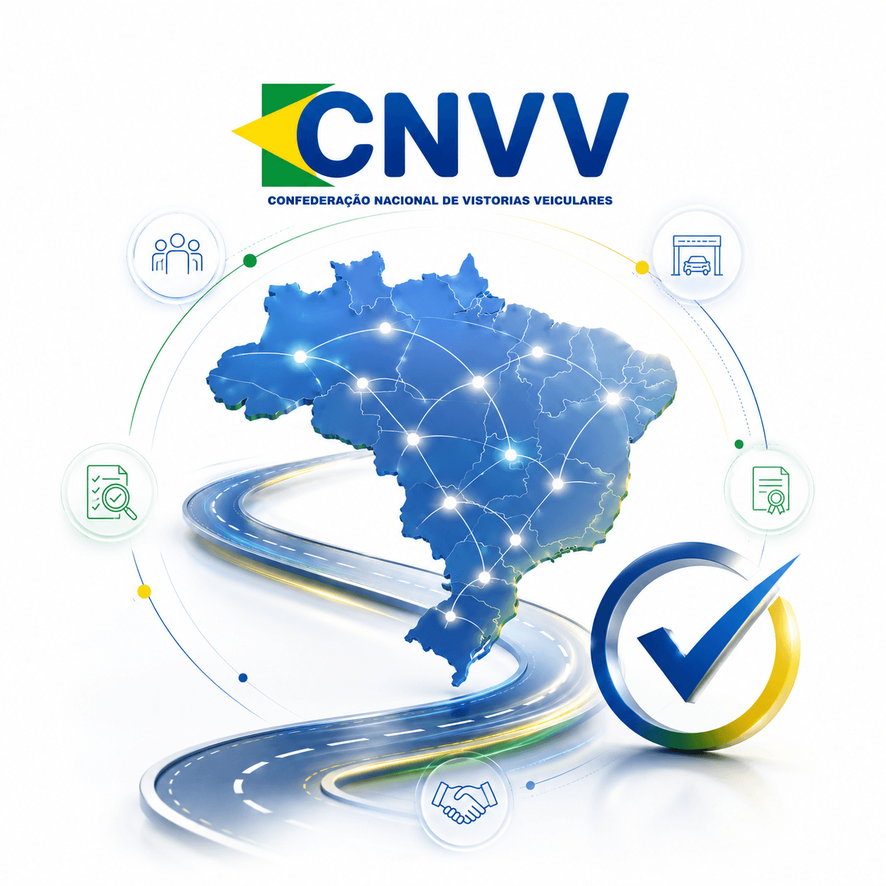 Imagem institucional da CNVV com mapa do Brasil, vias e símbolos de vistoria veicular.